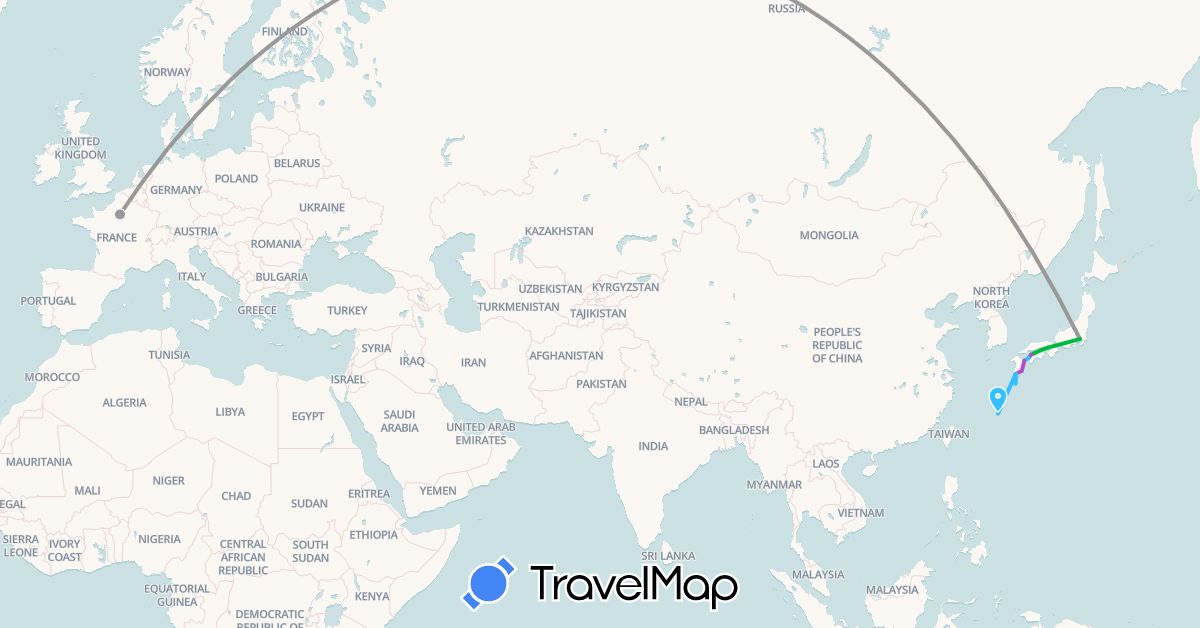 TravelMap itinerary: driving, bus, plane, train, boat in France, Japan (Asia, Europe)